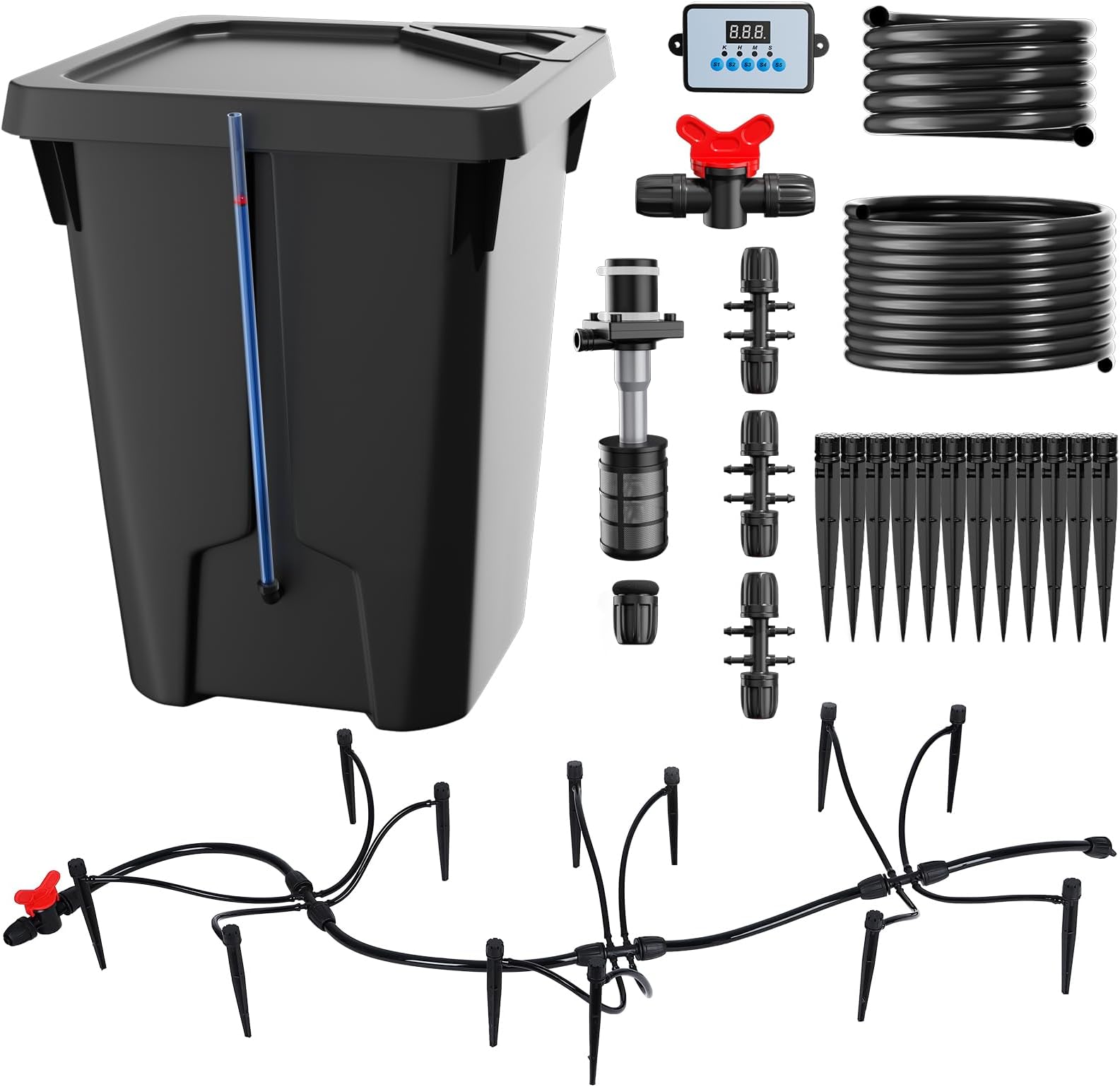 Automatic Drip Irrigation System Kits with 7 Gal Reservoir, Timer, Water Pump,12 Drip Emitters, 65.6FT/20M Drip Tubes Smart Automatic Garden Watering System for Indoor Plants/Lawn/Greenhouse