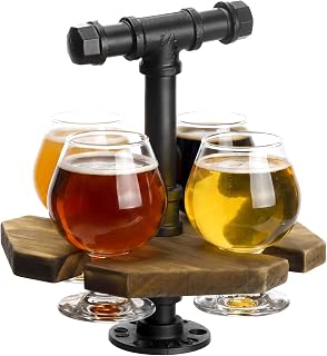 MyGift Burnt Wood Beer Flight Set with 4 Tasting Glasses & Metal Handle
