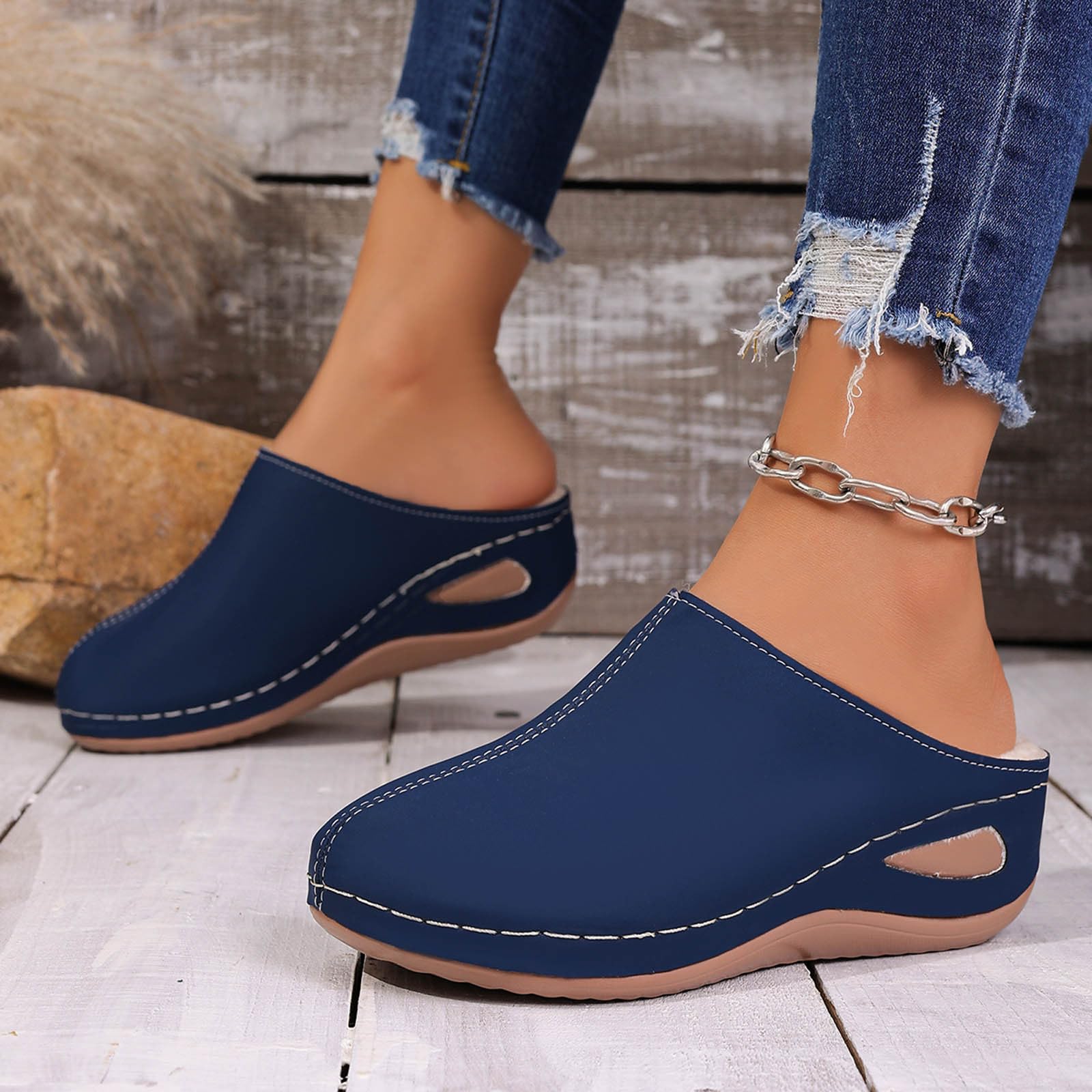 Pantuflas de invierno para interiores y exteriores, acogedoras, con forro sintético, tacón inclinado, suela cómoda y cálida