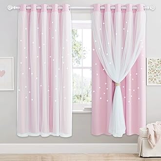 NICETOWN Star Blackout Curtains with Nets - Decorative Cut Our Star Panels with Eyelets for Room Darken Nursery Window Panels for Kids' Room/Bedroom, W66xL72 Inch (168×183 cm), Pink