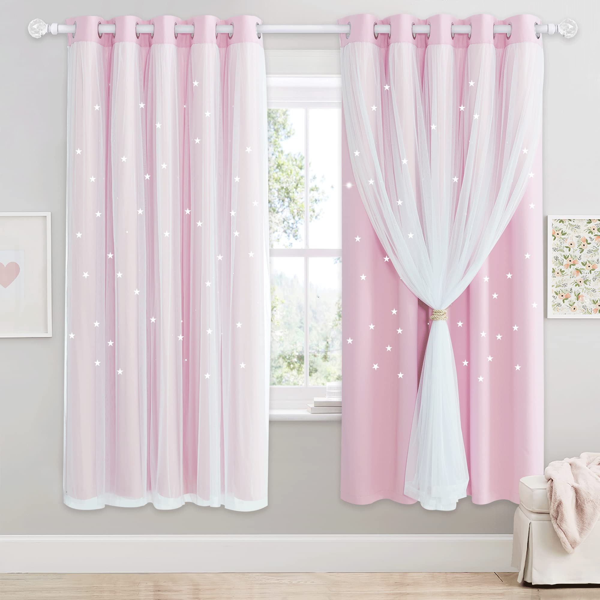 NICETOWN Girls Curtains for Bedroom - Baby Pink Eyelet Curtains Thermal Noise Reduction Living Room Stars Curtains Privacy Protection for Nursery Glass Door, 66 x 72 Inch Drop, 2 Panels