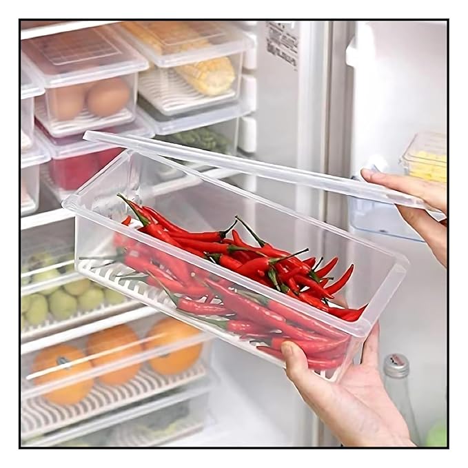 Fridge Organizer with Removable Drain Plate and Secure-Sealing Lids, Fridge Storage Boxes for Fresh Fruits and Vegetables, Food Container Box Set (6)
