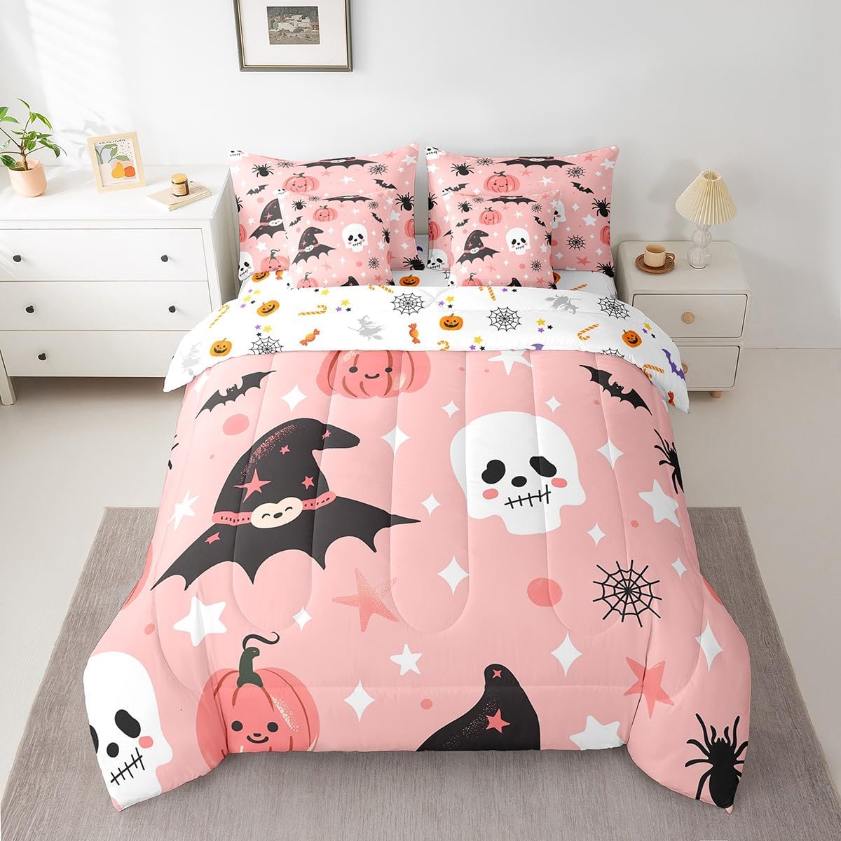 Erosebridal Queen Comforter Set 7 Pieces - Pink Halloween Reversible Bed in a Bag, Pumpkin Skull Bedding With Bat Spider, Flat Sheet, Fitted Sheet, Pillowcases, Pillow Shams