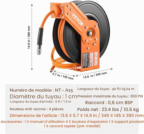 VEVOR Enrouleur Tuyau à Air Comprimé Hybride Fermé Rétractable 9,53 mm x 15,24 m Pression 300 PSI Rembobinage Automatique, Bras Unique, avec Tuyau 1,5 m, Support 180°, pour Montage au Plafond/Mur - 7