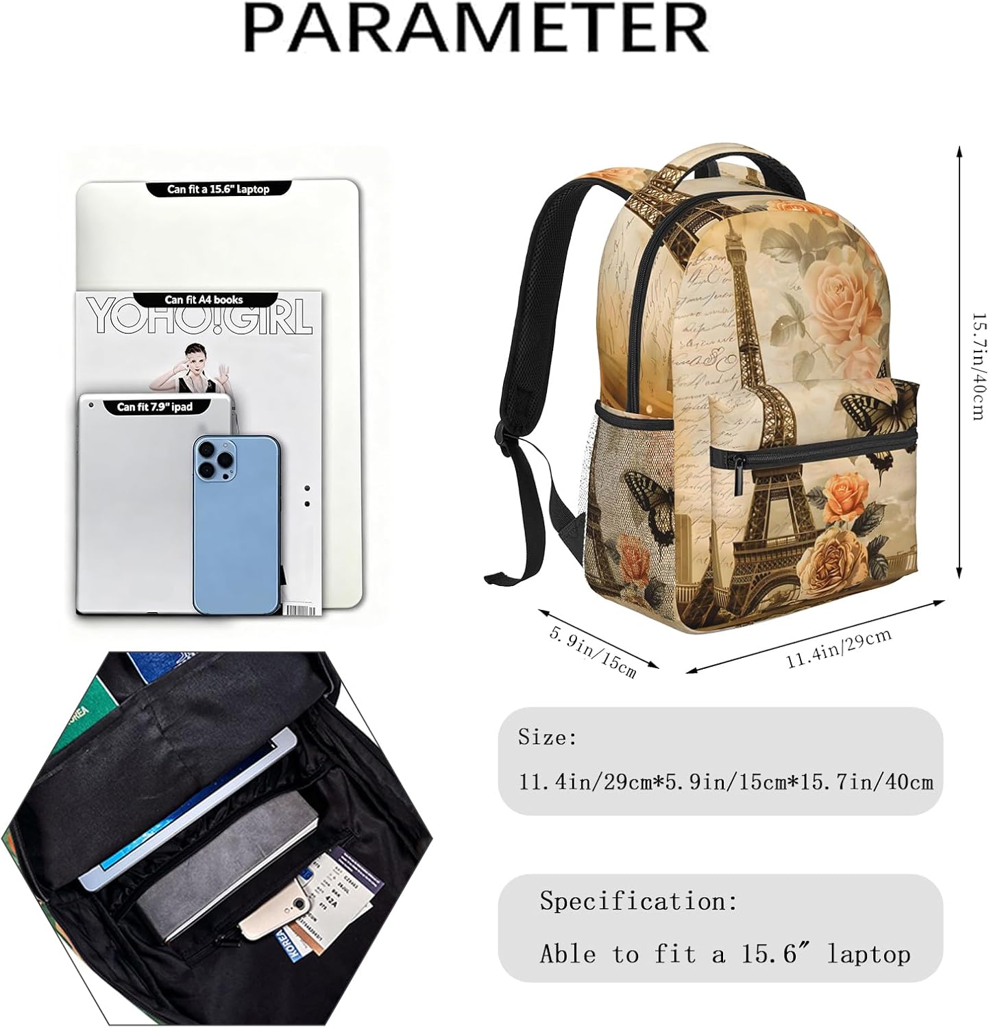 Vintage Paris Casual Backpack, Lightweight Laptop Bag Daypack, Eiffel Tower and Butterfly Backpacks for Women Men Teens Students, Retro Polyester Bookbag Gifts for School Work Travel Hiking