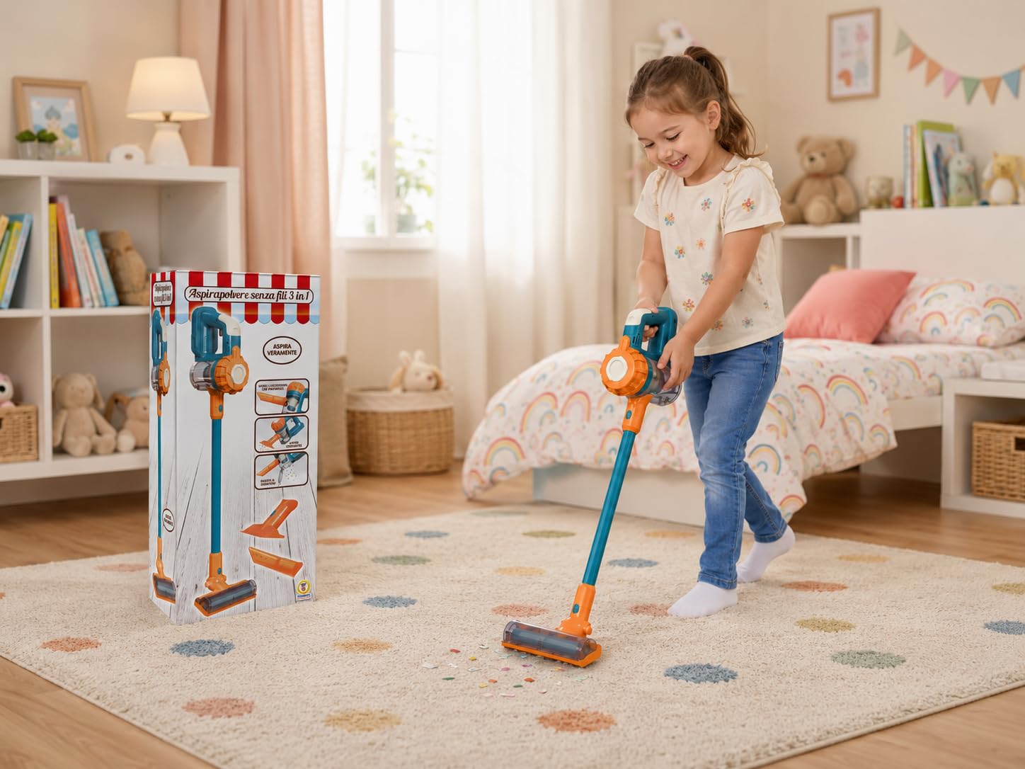Teorema Giocattoli, Aspirateur Jouet pour Enfants fonctionnant avec Sons, 3 Accessoires interchangeables et conteneur ouvrable - Jeu éducatif à partir de 3 Ans, Aspirateur sans Fil 3 en 1