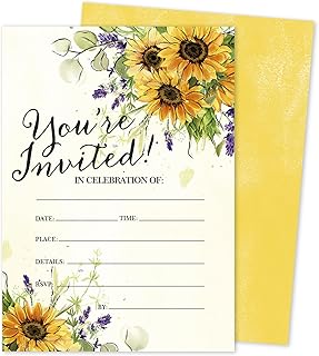 Whaline 25 Sets Sunflower Invitations with Envelopes Stickers Watercolor Floral Invitation Cards Blank Invites for Wedding Bridal Baby Shower Birthday Dinner Party Supplies, 5 x 7 Inch