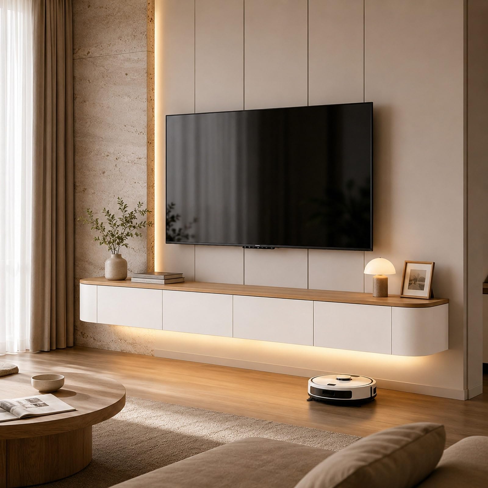 Meuble TV flottant mural pour téléviseurs 43 à 95 pouces en bois blanc