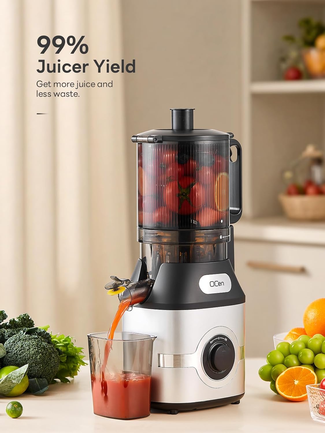 QCen Cold Press Juicer, 5.5” Wide Feed Chute Slow Masticating Juicer Machine for Whole Fruits and Vegetables, Easy to Clean (Silver)