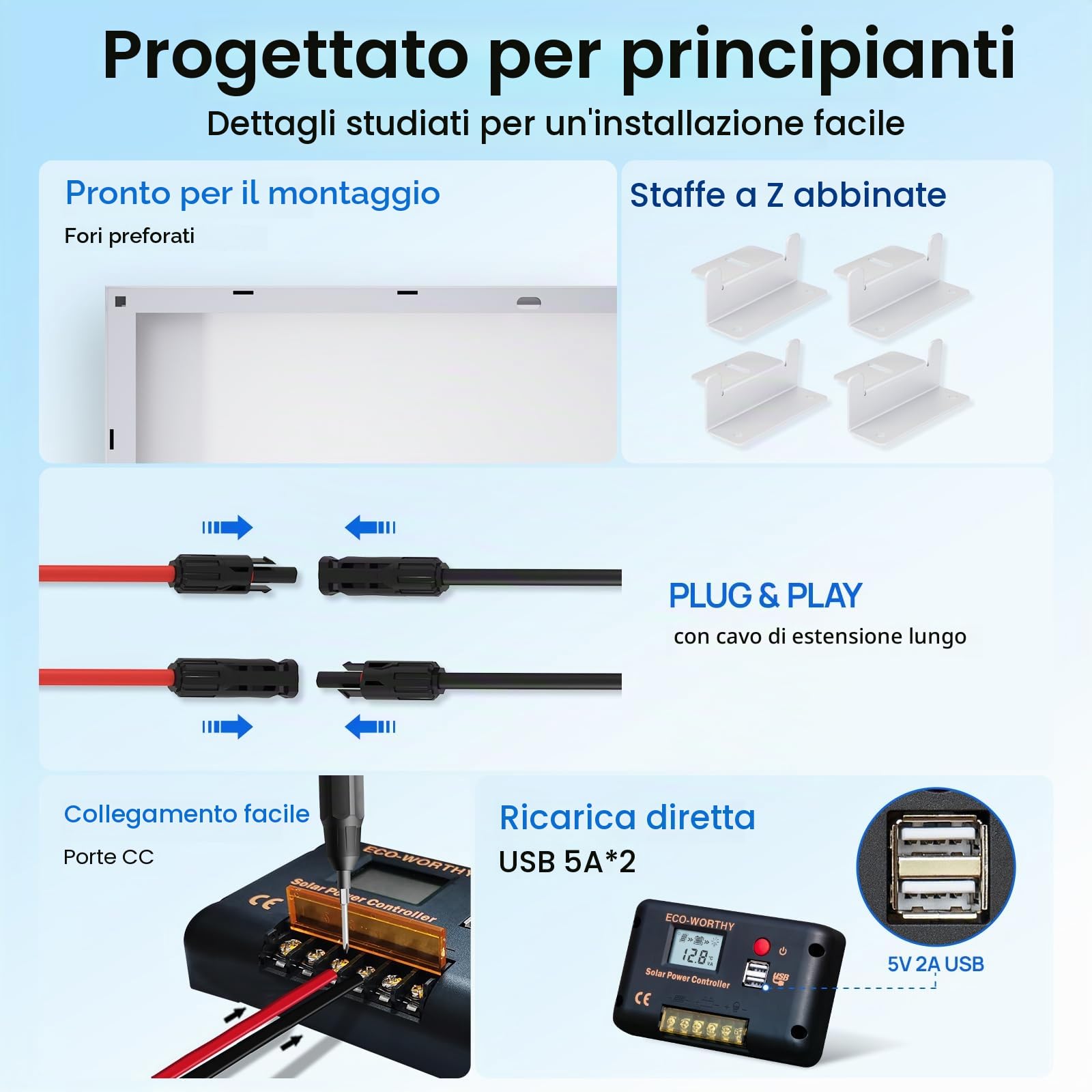 ECO-WORTHY Kit pannello solare da 240 W 12 V 1 kWh/giorno fuori rete per camper, auto, barca, riparo da campeggio: 2 pannelli mono 120 W + regolatore PWM 30 A