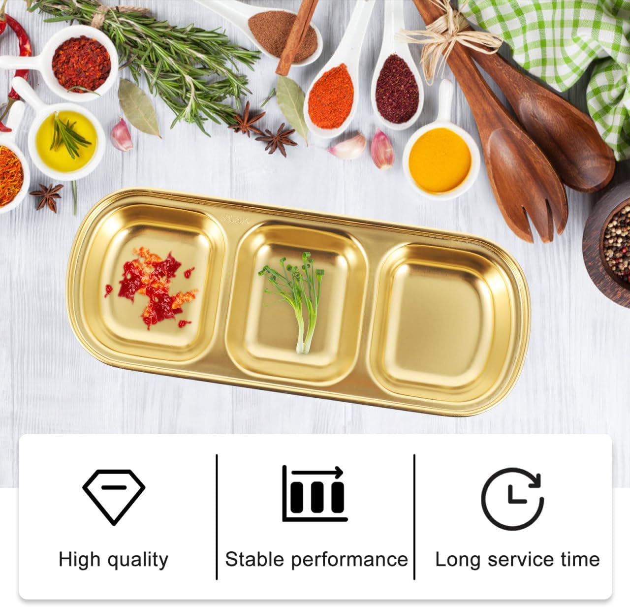 DOITOOL 2Pcs Stainless Steel Dipping Bowls, 3 Grids Divided Seasoning Sauce Dip Bowl Appetizer Serving Tray, Divided Sauce Dishes Side Dishes Vinegar Soy Spice Condiment Tray for Home Restaurant