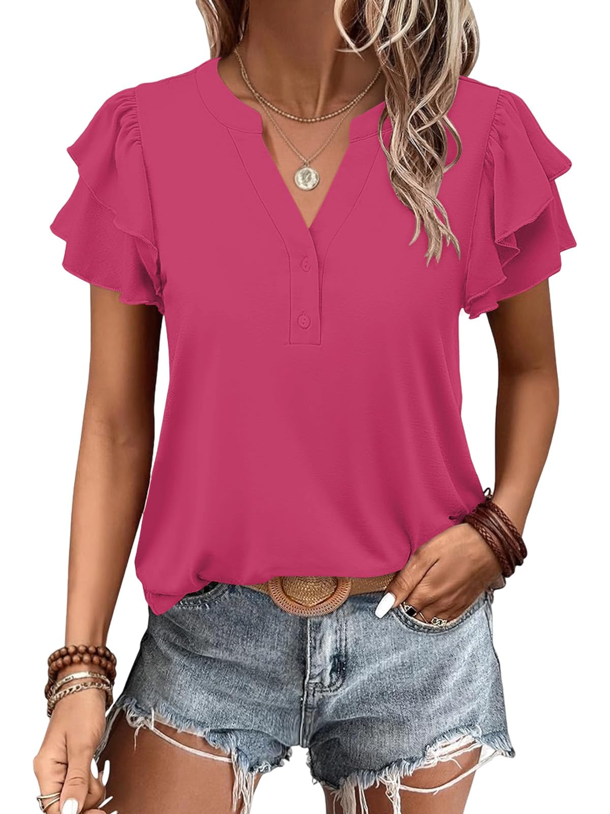 Cuptacc T-Shirts für Damen Sommer Kurzarm Oberteile V-Ausschnitt Tshirt Elegant Shirts Magenta XL 46-48