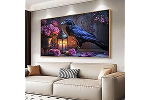 Dark Crow Canvas Wall Art, Gothic Crow with Rose Canvas Wall Art