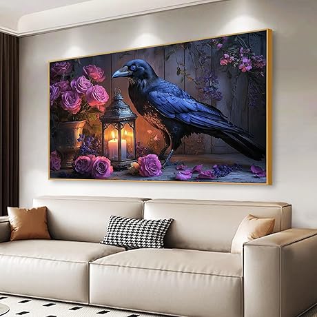 Dark Crow Canvas Wall Art, Gothic Crow with Rose Canvas Wall Art