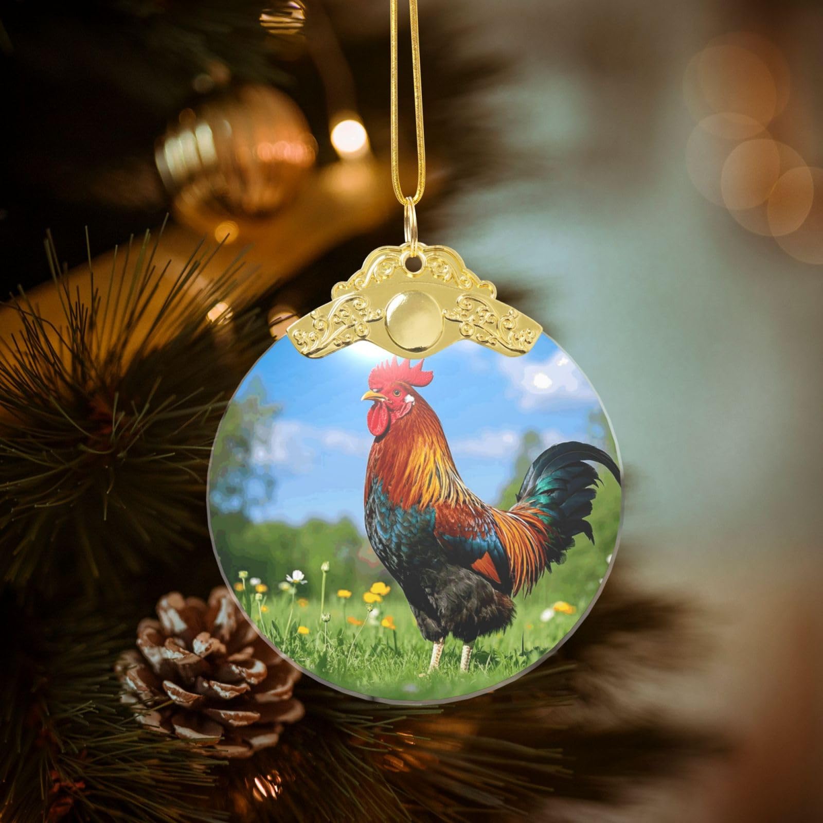 Crystal Christmas Ornaments for Christmas Tree Decoration Hanging Rooster Ornament with Gold Ribbon Crafts Round Pendant for Keepsake Gifts Glass Xmas Decor Party Supplies