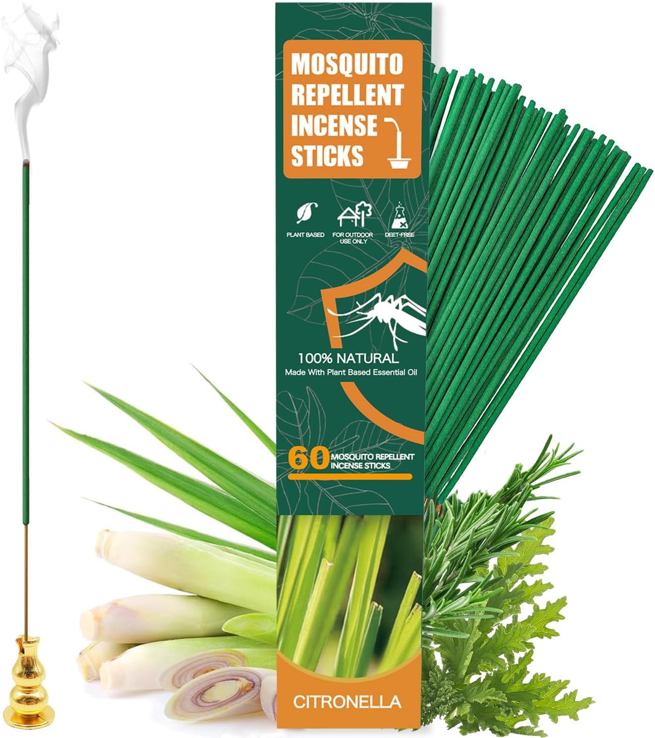 BananaHome 60pcs Mosquito Repellent Citronella Incense Sticks with Holder,Natural Plant Ingredients Citronella Oil Lemongrass Rosemary Oil,DEET Free Repellent Outdoor (Citronella Incense Sticks)