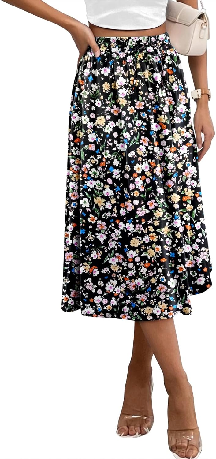 Angerella Womens Skirt Midi High Waist A-Line Casual Floral Print Trendy Bohemia Work Elegant with Pockets - Image 2