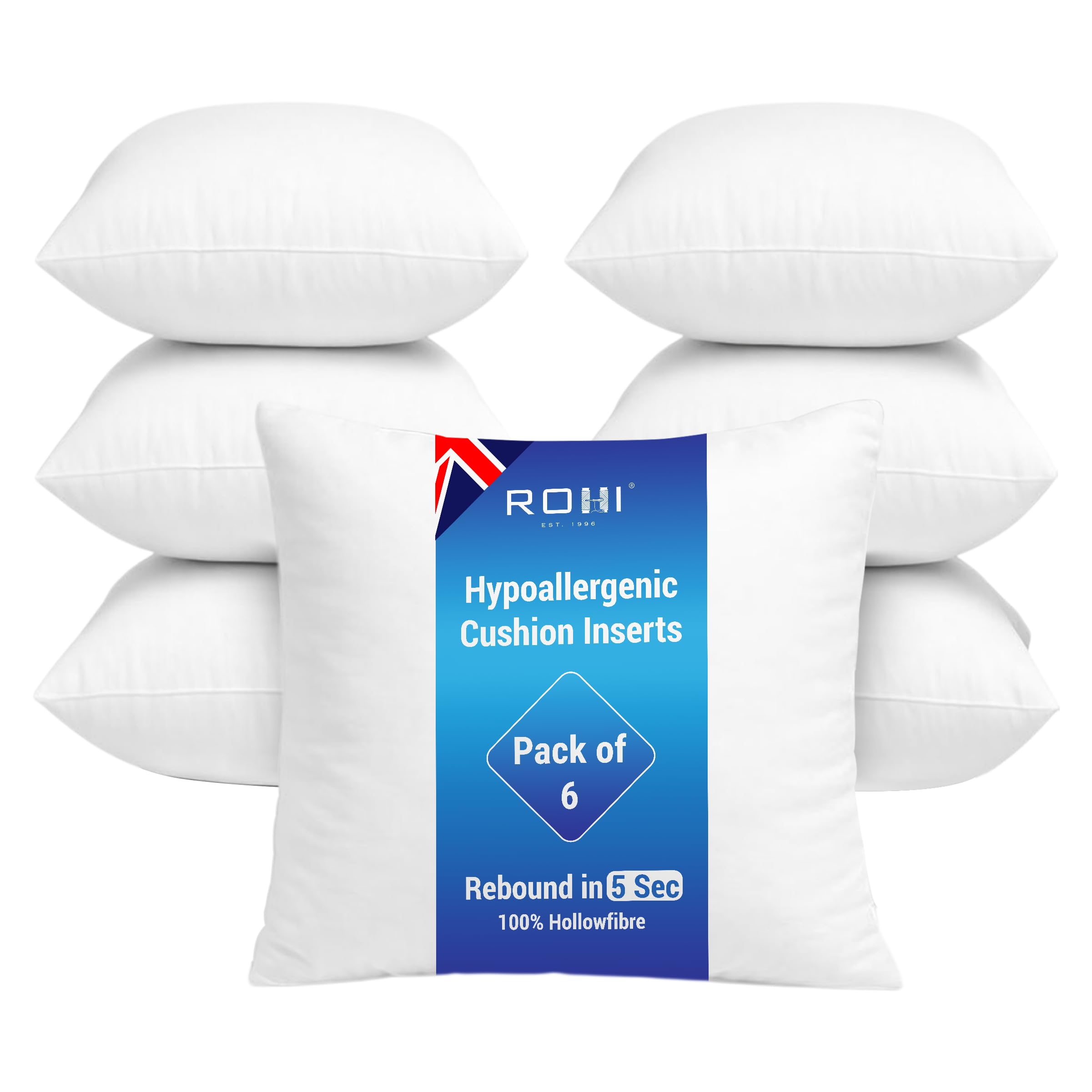 Rohi Set of 6 Hypoallergenic Cushion Inners Pads (Pack of 6) 16" x 16" (40cm x 40cm) Cushion Inserts Decorative Square Cushion Stuffer for Sofa Couch Cushions