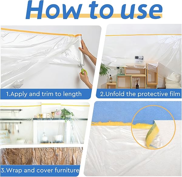 EFUTURETIME 4 rollos de Plástico Cubretodo con Cinta Adhesiva, Plástico Protector Muebles 280 cm x 20 m x 1, 150 cm x 20 m x 1, 55 cm x 20 m x 2 y 1 rollos de Cinta de Pintor 25 mm x 50 m - 5