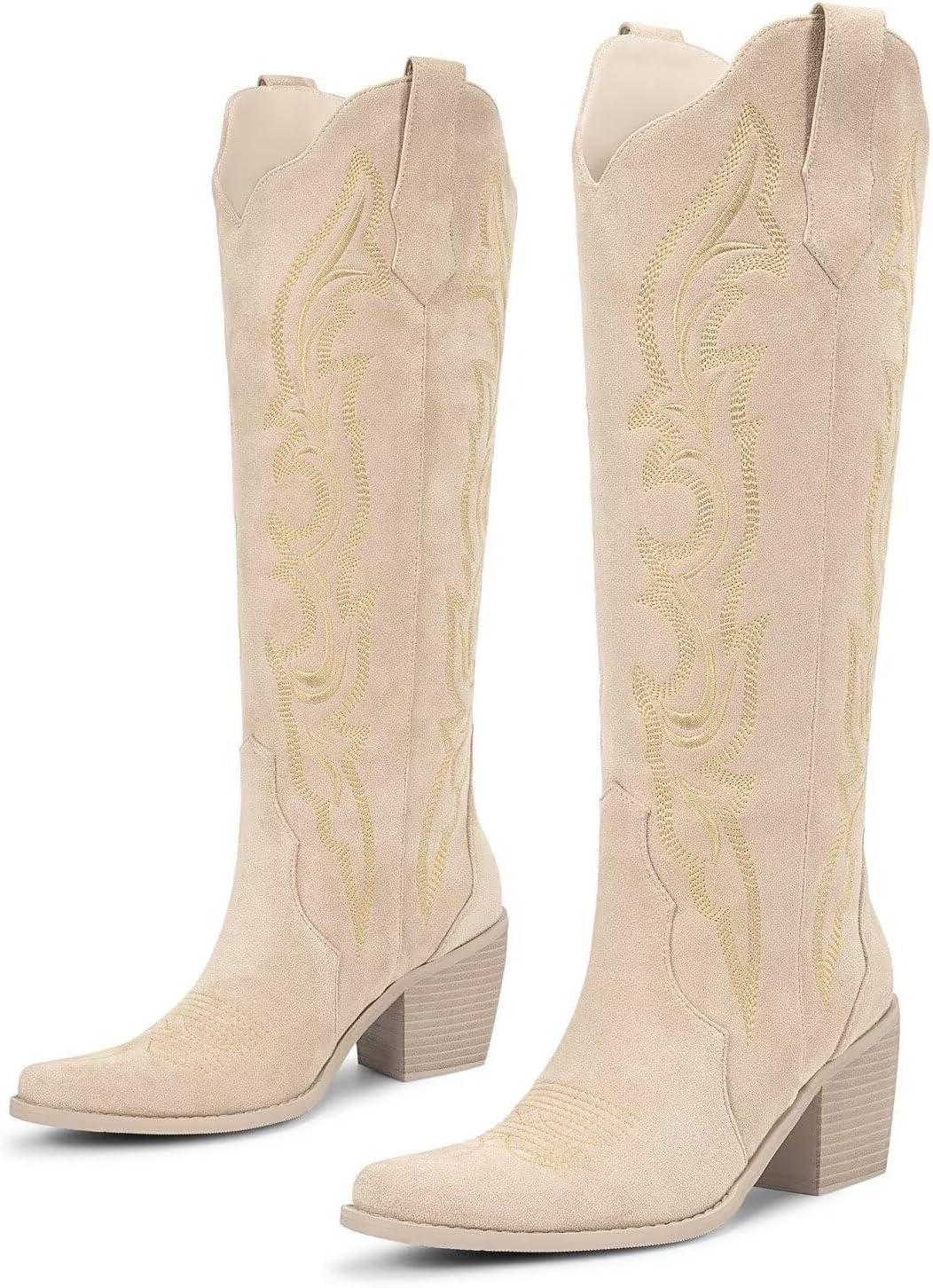 wetkiss Cowboy Boots for Women Knee High Cowgirl Boots with Chunky Low Heel and Pointed Toe, Womens Retro Embroidered Western Boot for Concert Party Festival Event