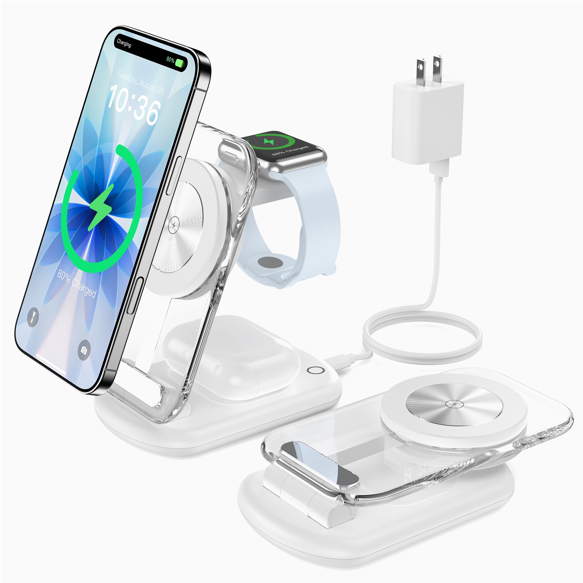 3 in 1 Magnetic Wireless Charging Station for Apple Devices, Fast Foldable Travel Mag-Safe Charger Stand with Night Light for iPhone 17 16 15 14 13 12 Series, Apple Watch/AirPods Pro, White