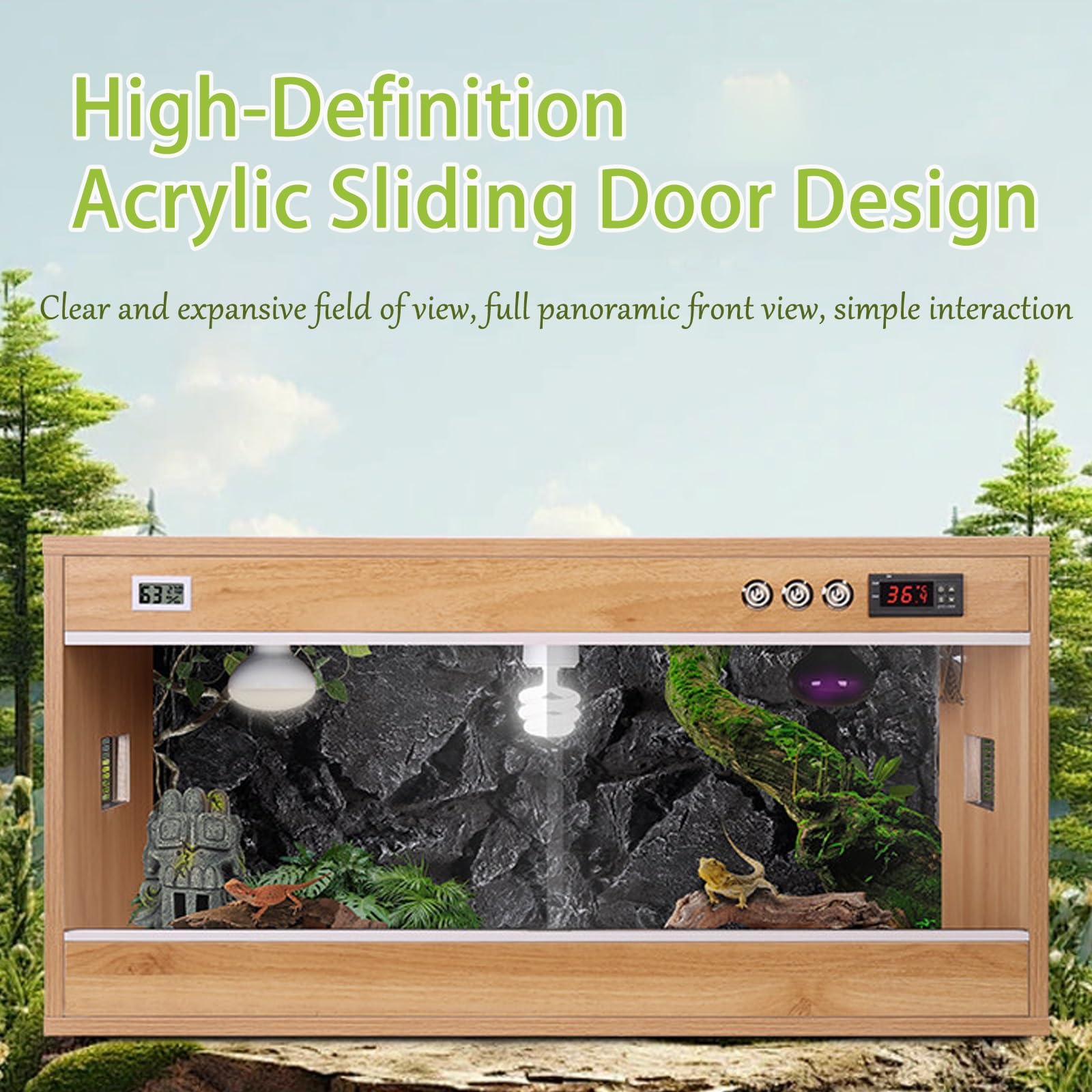 Hábitat de salón de Reptiles con termostato, terrario de Madera for Reptiles con ventilación de Aire de Metal, recinto de Puerta corredera Transparente acrílica for pitón Bola(Na,11.89gal)