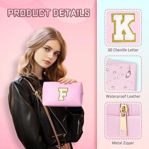 TOPEAST Mothers Day Gifts - Initial Makeup Bag, Birthday Gifts for 4 5 6 7 8 9 10 11 12 Year Old Teen Girls, Teacher Gift Graduation Gift, Personalized Preppy Cosmetic Bags Toiletry Bag (Pink A) - 4