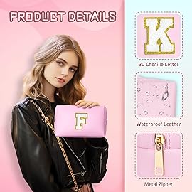 TOPEAST Dorm Room Essentials for Girls - Pink Initial Makeup Bag, College Essentials PU Leather Bag | Travel Car Essentials | Cute Stuff Birthday Gift for Friends Sister (Pink T)
