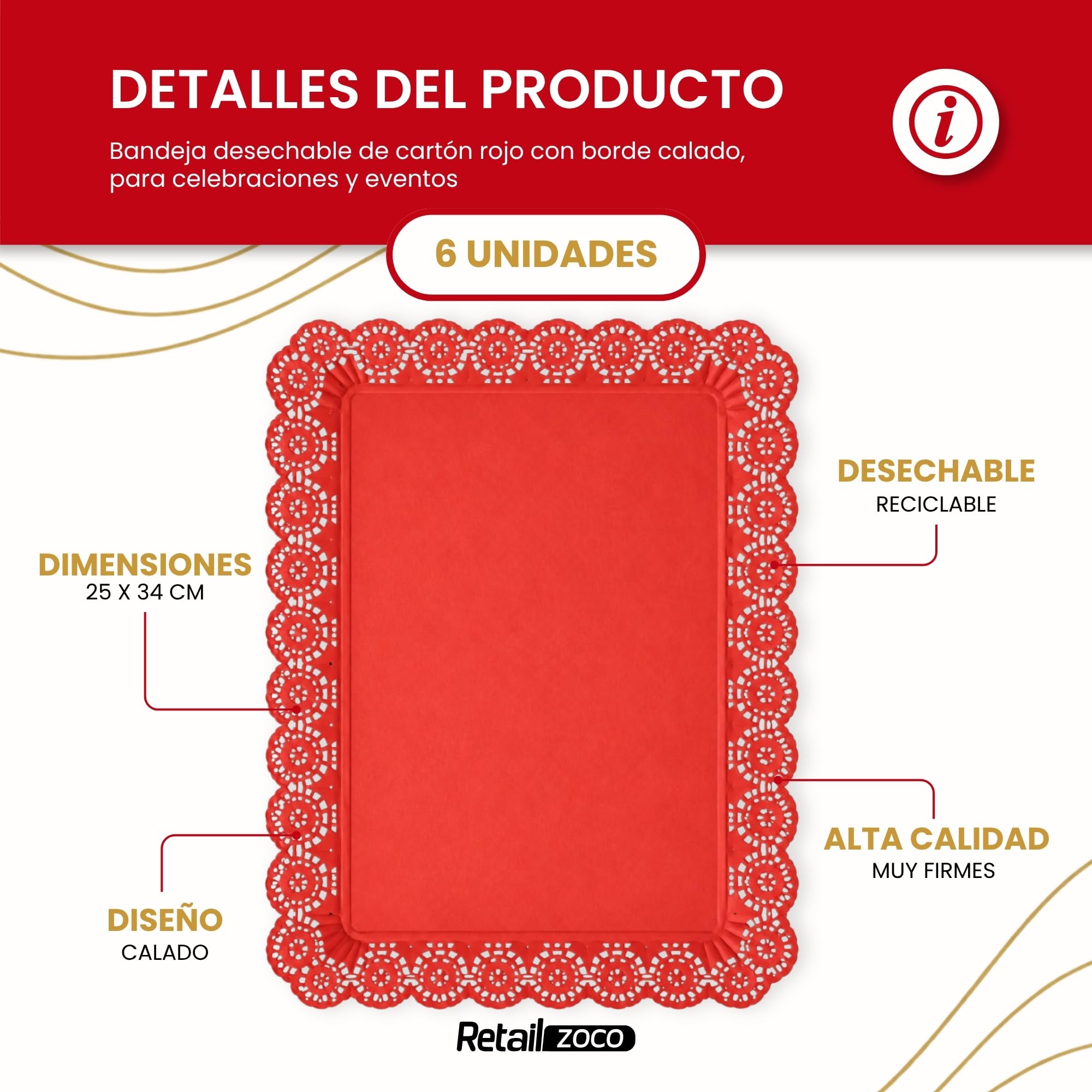 Bandejas de Cartón para Servir, Diseño Rojo, 6 Unidades - imagen 2