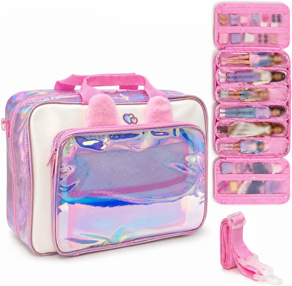 Carrying Case for 6-12 Inch Dolls,Compatible with Barbie Dolls,6 Removable Clear Pouches,10 Accessory Pockets,Modular Organizer with Shoulder Strap