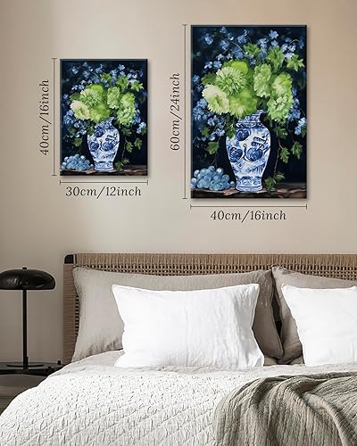 Miniatura 4 de Chinoiserie Decor – Jarrón chino oriental de porcelana azul blanco pintura floral acuarela hortensia arte de pared moderno imágenes de flores