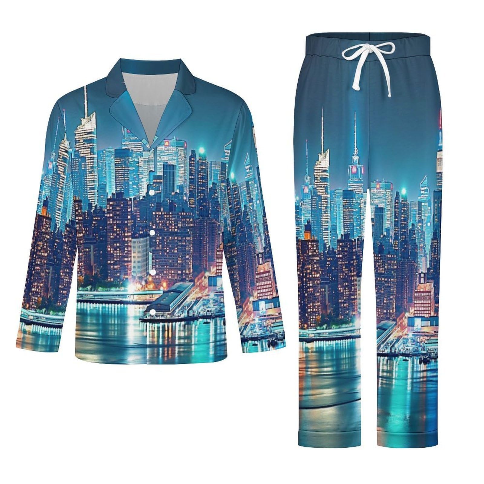 OLEETS Completo Pigiama da Uomo - Vista Notturna della Città Pigiama Invernale Pantaloni Top Caldo Autunnale Traspirante Morbido 2 Pezzi Casual Ampio