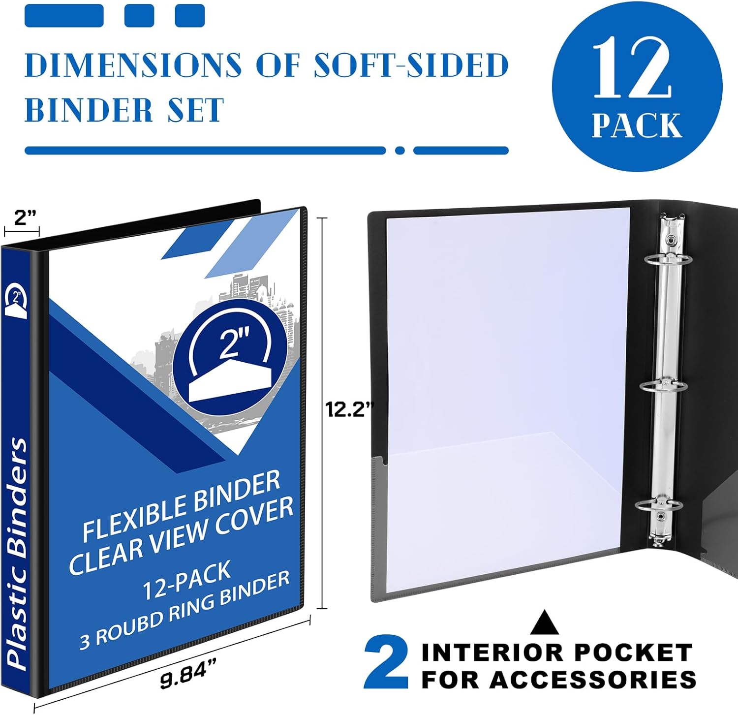 Fulmoon 12 Pcs Economy View 3 Ring Plastic Binder 12.2 x 9.8 Inch Plastic Round Ring Binders with Pockets Notebinder for Meetings for Home, Office, School(Black, 2 Inch)