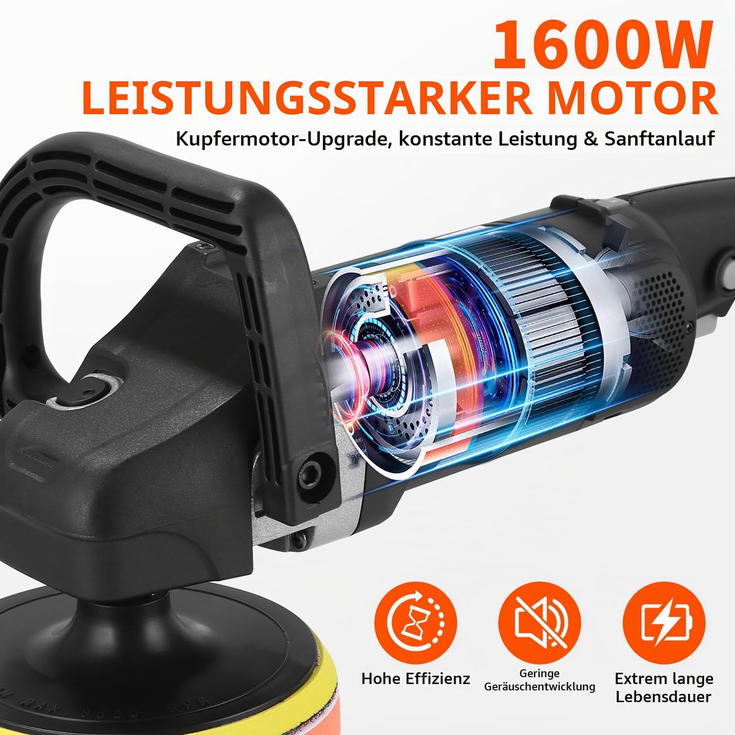 Poliermaschine, 1600W Professionell Auto Poliermaschine Set, 8 Variable Geschwindigkeit, Set 24 pcs mit 180mm Polierteller, Abnehmbarer D Griff und Seitengriff, zum Wachsen und Polieren von Autos