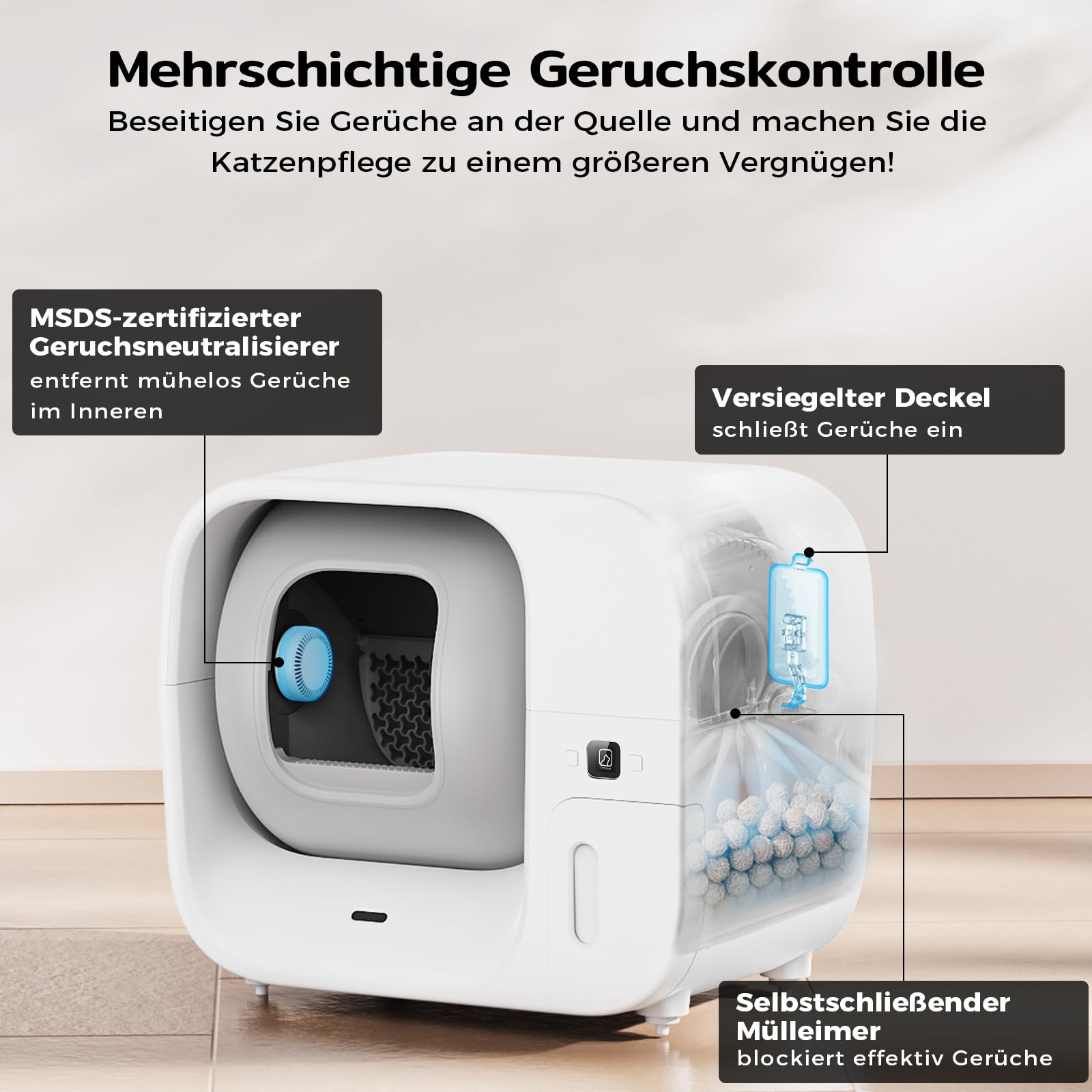 Amicura Cura 3 Selbstreinigende Katzentoilette, Automatisch Verpackt und Füllt Müllsäcke, TÜV-zertifizierte Sicherheit &7 Sensoren, Geruchskontrolle/App-Steuerung, Große Katzenklo Für Mehrere Katzen