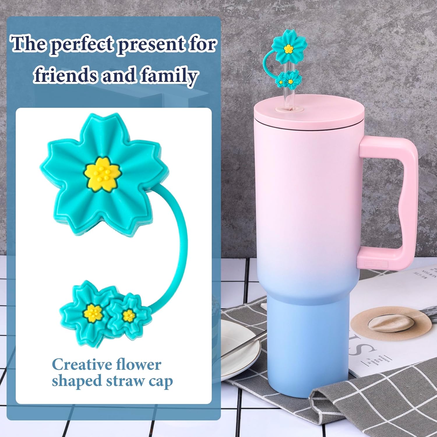 2pcs 10mm Teal Flower Straw Toppers, Cute Cherry Silicone Covers Reusable for Stanley 30/40 oz Tumbler Drinking Cups, Accessories for Rave Halloween Christmas - Image 5