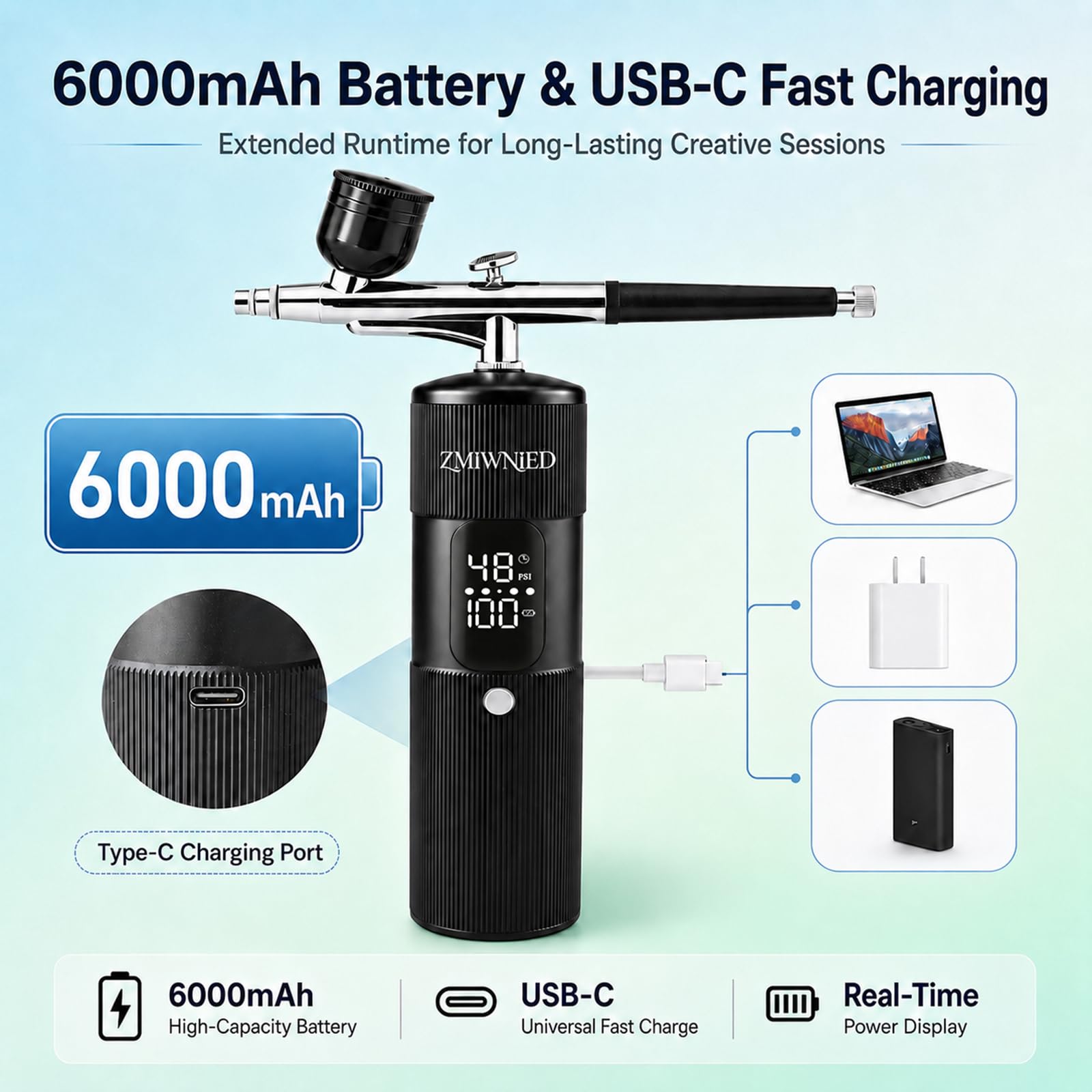 Kabelloser Airbrush-Kompressor, 48 PSI, 6000 mAh, wiederaufladbar