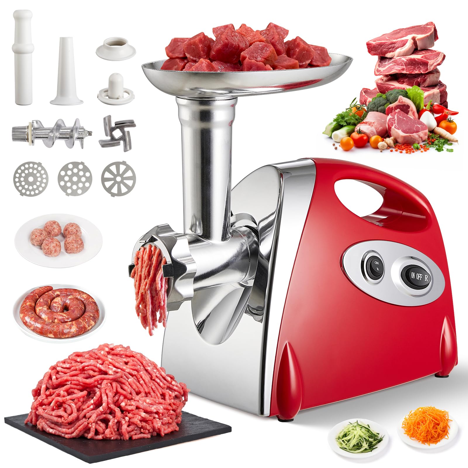 Warmiehomy Meat Grinder Electric, 2800W Meat Mincer with 3 Stainless Steel Grinding Plates, Vegetable Food Mincer Machine, Household Sausage Meat Patty Maker, Reverse Function, Plastic Housing(Red)