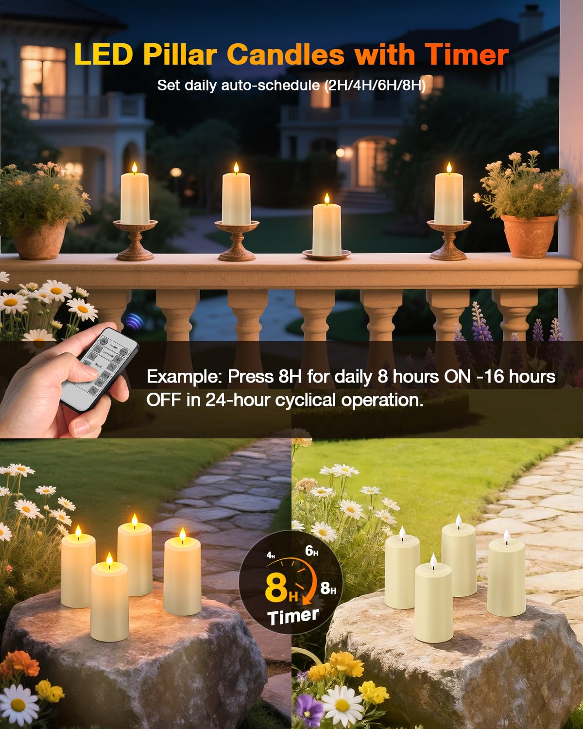 Yme 4er Set LED Kerzen Aufladbar mit Timerfunktion Magnetischer Ladestation | Wiederaufladbare LED Stumpenkerzen mit Fernbedienung, Flackernd & Wasserdicht für Innen Outdoor Homedeco Zimmer Party (IP54)