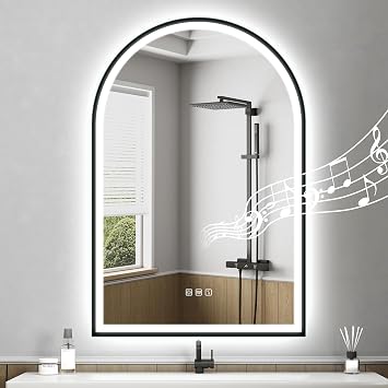 STARLEAD 36x24 Black Frameless Arched LED Bathroom Mirror with Bluetooth Speaker, Dimmable Lighting, 3 Color Temperature, Anti-Fog, Touch Control Wall Mounted Vanity Mirror