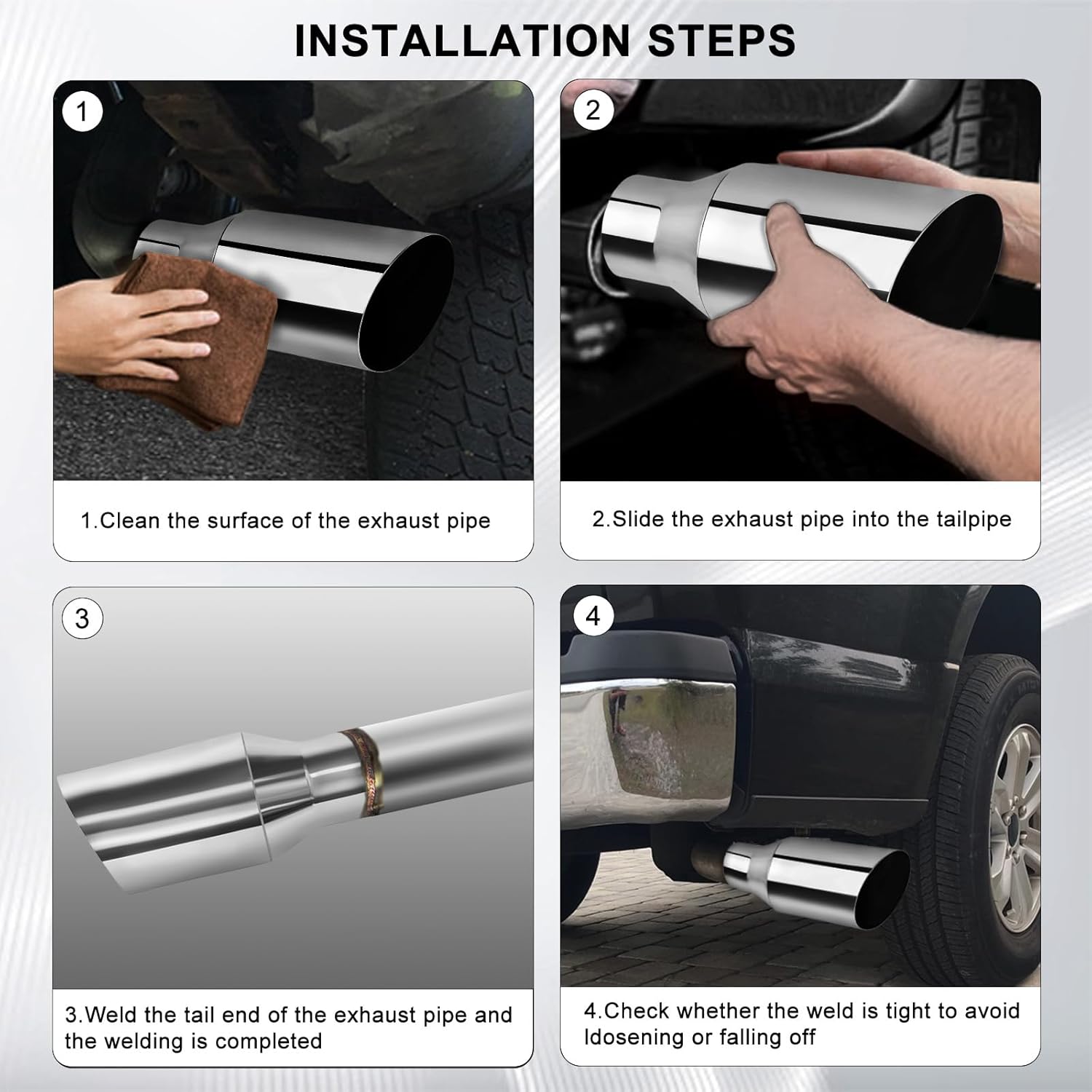 Mupera Universal 2.5 Inch Inlet Exhaust Tip-2 Pack, 4" Outlet, 9" Long Exhaust Tip for 2.5 Inch Outside Diameter Exhaust Tips, Silver Stainless Steel Exhaust Tips, Weld-On