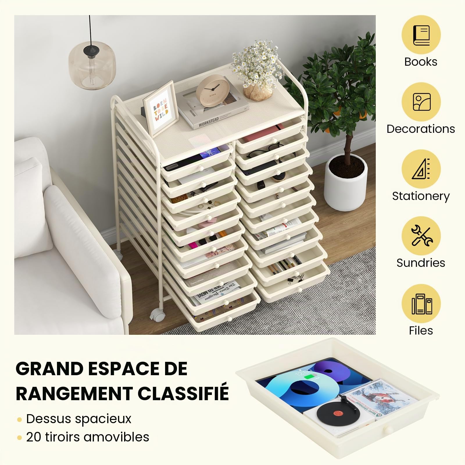 GIANTEX Chariot de rangement avec 20 tiroirs empilables, chariot à tiroirs pour salle de bain, chariot de cuisine avec roues à verrouillage, chariot de rangement pour la maison pour la cuisine, la