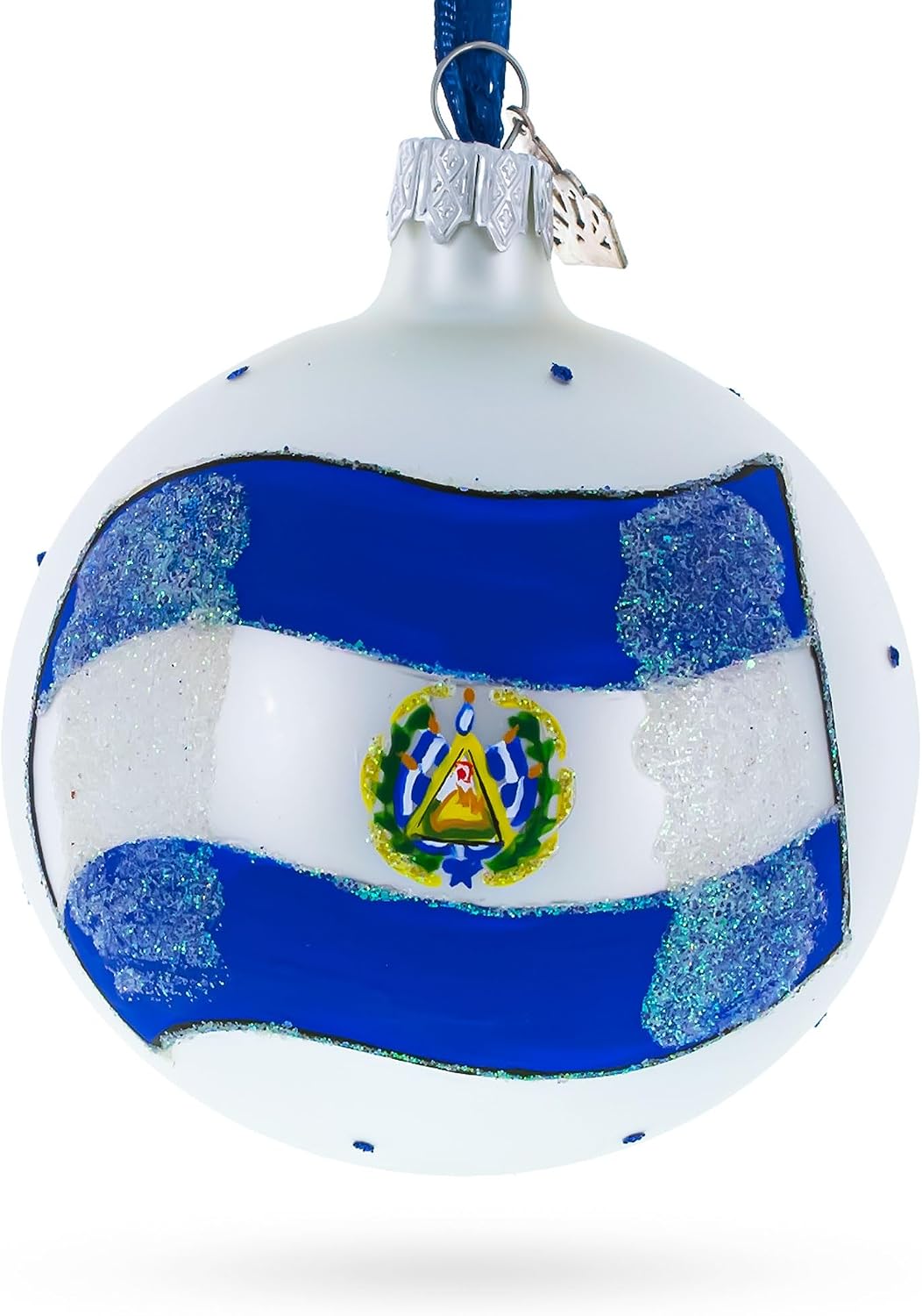 Flag of El Salvador Glass Ball Christmas Ornament 3.25 Inches | Hand Painted in Ukraine, German Glass, Italian Paints, Hanging Ribbon, Gift Tag, Gift Boxed