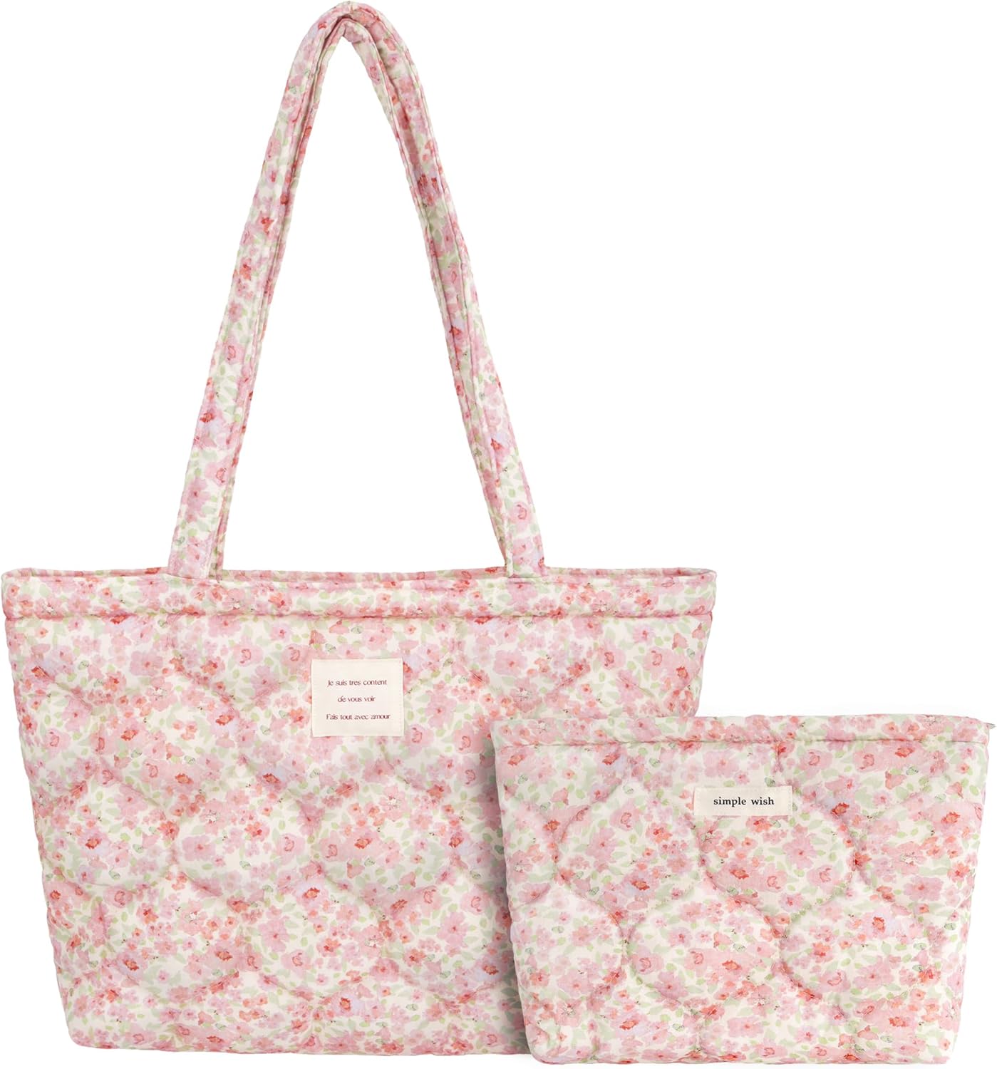 Floral Puffer Tote Bag Set for Women, Quilted Cotton Shoulder Bag with Zippered Pouch, Small Cute Totes