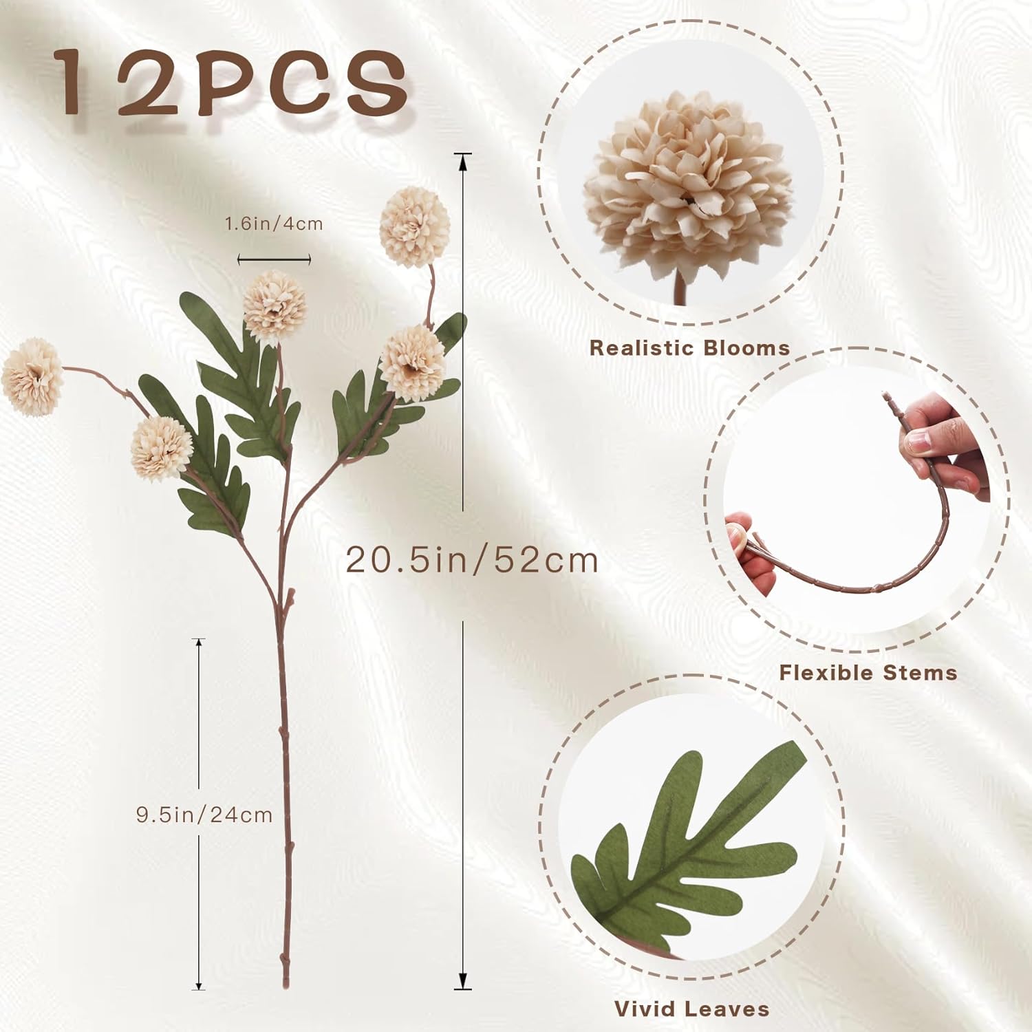 12Pcs Fake Kiku Flowers, Artificial Small Chrysanthemum Balls with Stems, Faux Silk Mini Pompon Mums for Vase Floral Arrangement DIY Bouquets Wedding Party Table Centerpieces Home Decor (No Vase)