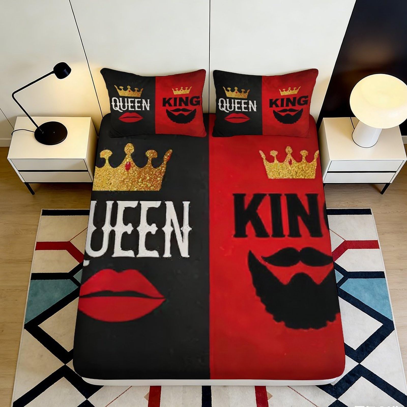 3D Printed King Queen Crown Fitted Sheet Microfiber Lips Beard Pattern Bed Cover for Bedroom Dorm Mattress Protection Decor 90x200x25cm