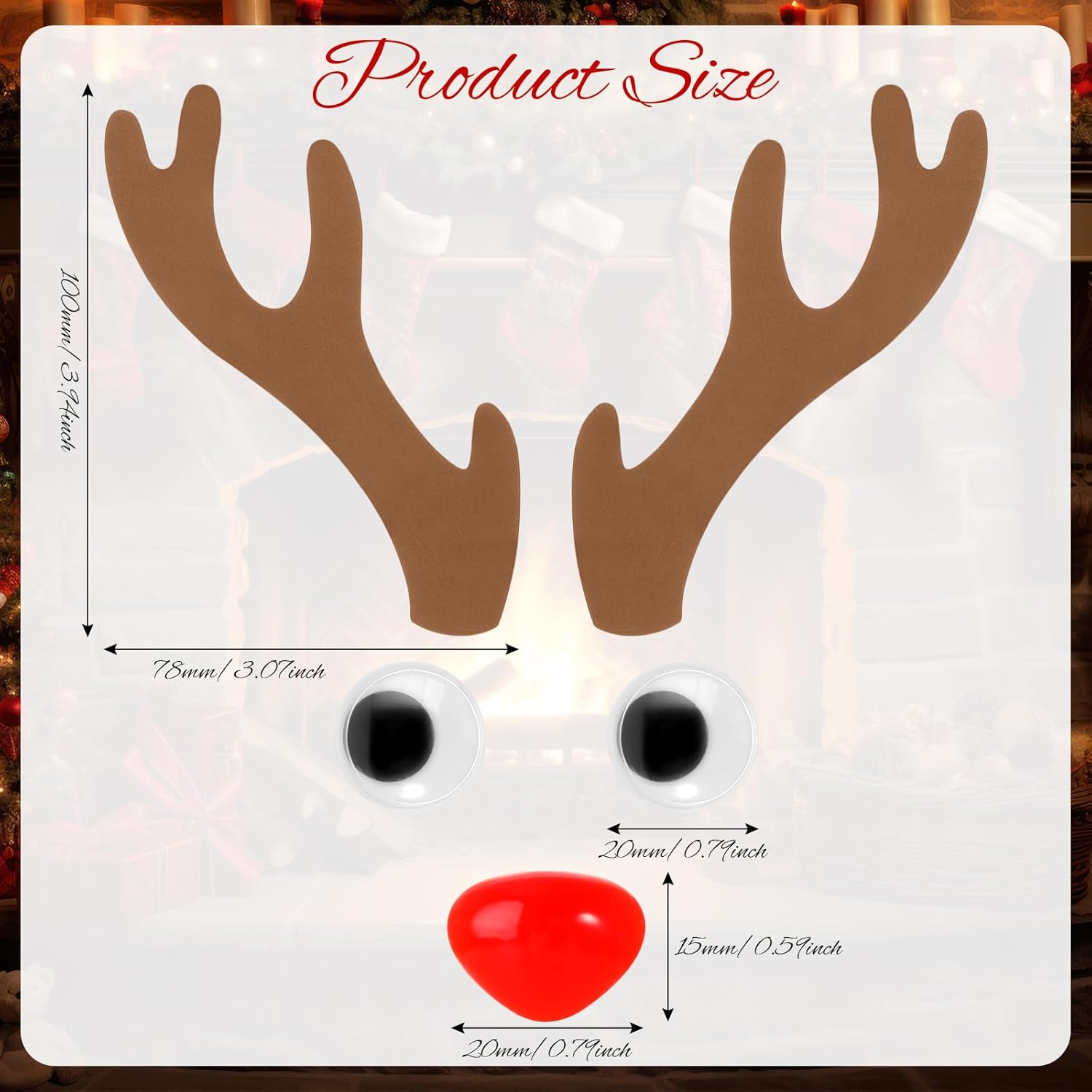 224 Pcs Christmas DIY Craft Stickers 24 Pairs of Khaki Antlers 100 Animal Eyes 100 Red Triangular Noses Christmas Party Supplies for Window Clings Fridge Wall Door