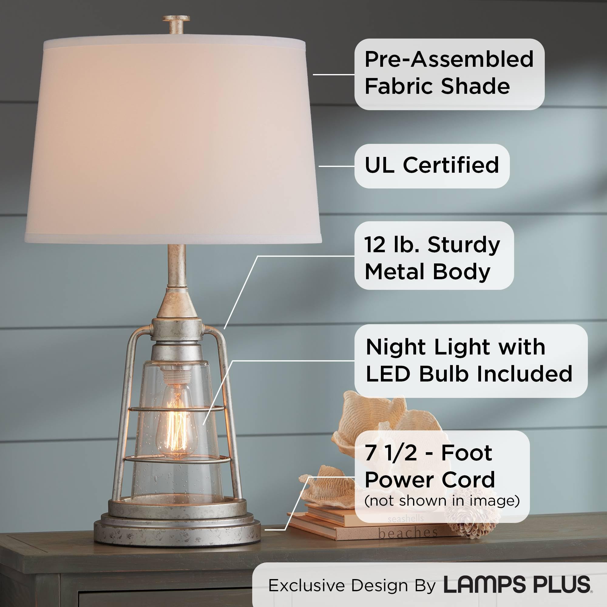 Fisher 28.75" Tall Table Lamp Galvanized Metal Night Light Lantern LED | Cage Silver Nautical Antique Edison Bulb Living Room Bedroom House Bedside Nightstand Office Home Family Drum Shade