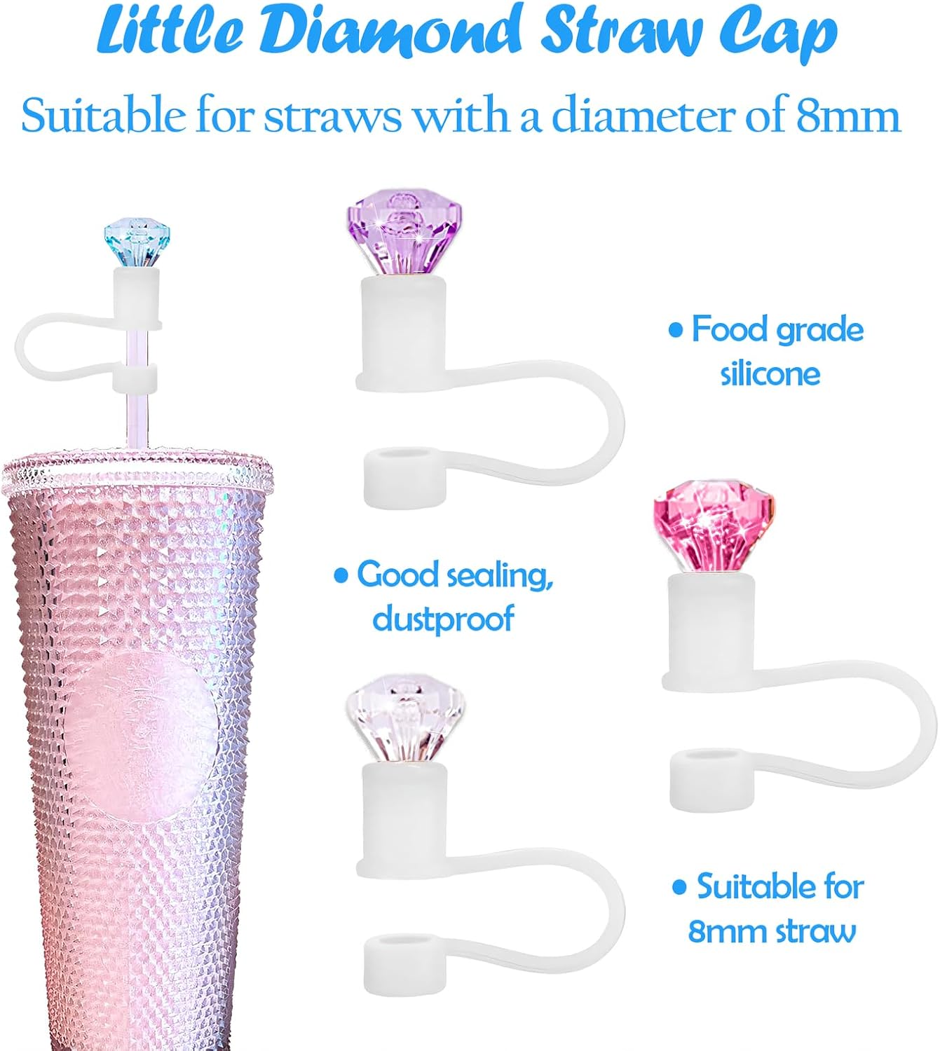 4 Pack Straw Cover Compatible with Starbucks Cup, 7-8MM Diamond Shape Reusable Silicone Straw Topper Cap, Protector Lid with Cute Colorful Accessories - Image 2