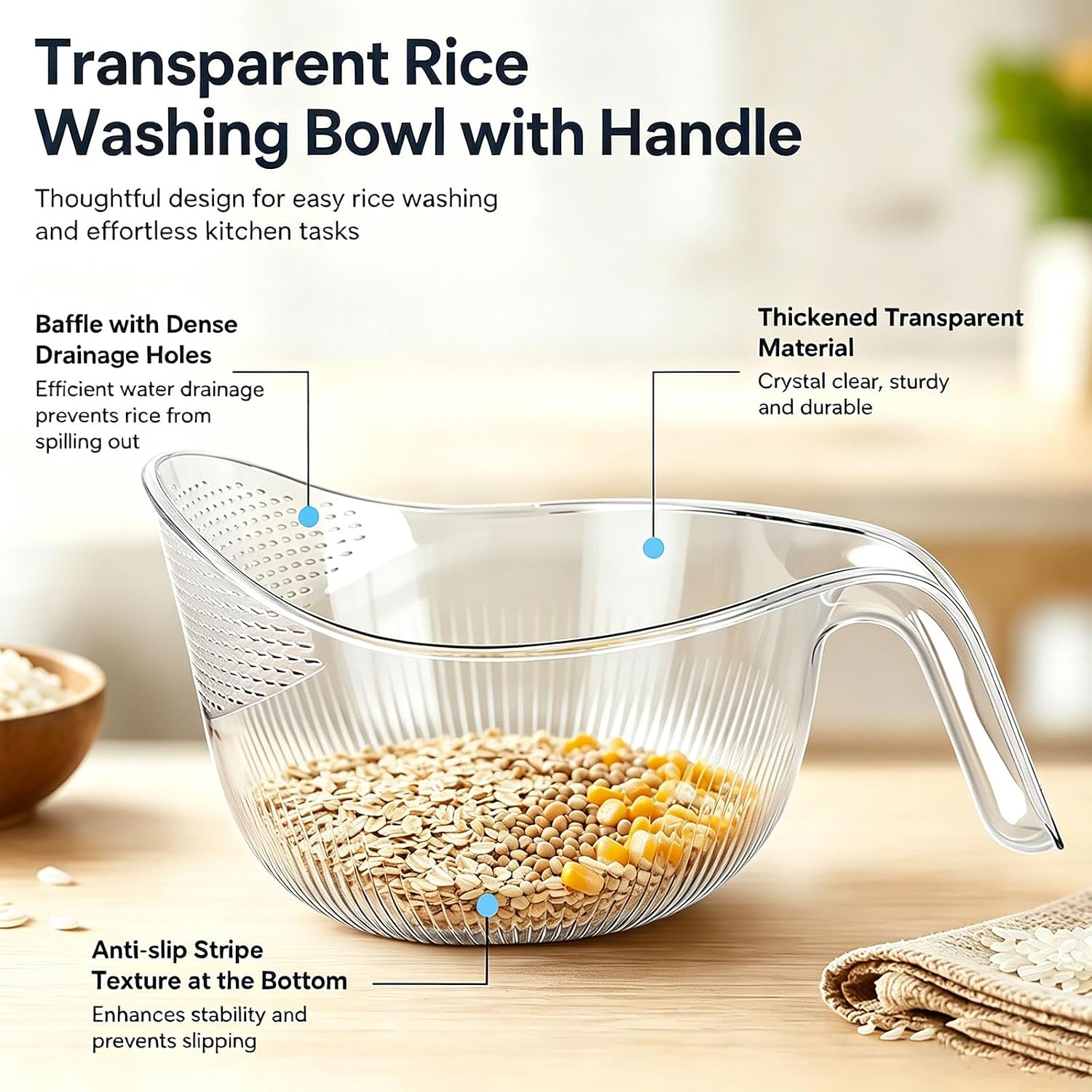 Multipurpose Rice Rinser Strainer with Handle for Rice, Fruits, Beans | Handled Rice Washing Bowl Strainer with Fine Holes, Multifunctional Drain Bowl for Draining Rice, Grain, Fruit and Vegetables